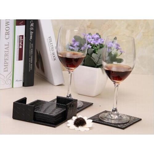 10x10cm 6PCS/set square PU leather cup coaster paddrink coasters table mats pad mats coasters crocodile black bamboo mat BD003