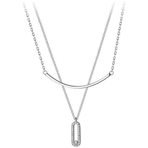 Real. Authentic 925 Sterling Silver Jewelry Double Rows /Multilayer Lucky straight Bar & Oval cz set necklace Pendant C-D8380