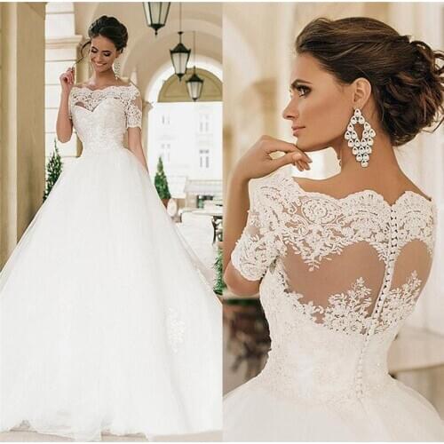 2020 Short Sleeves Lace Appliques Top Wedding Dress Tulle Bridal Gowns Princess White Bride Dress Long Garden Vestidos De Mariee