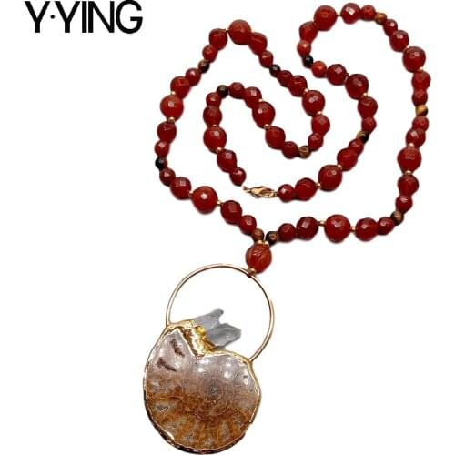 Y·YING Natural White Quartzs Point Snail Fossil Pendant necklace Red agates Chain Necklace 30"