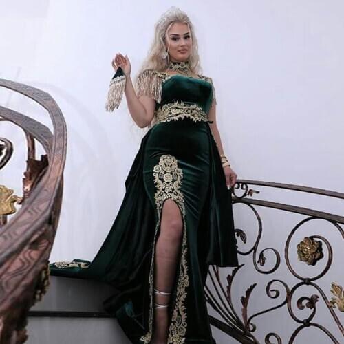 Green Caftan Evening Dress with Detachable Train 3 Pieces Gold Appliques Morocco Kaftan Velvet Mermaid Arabic Muslim Party Dress