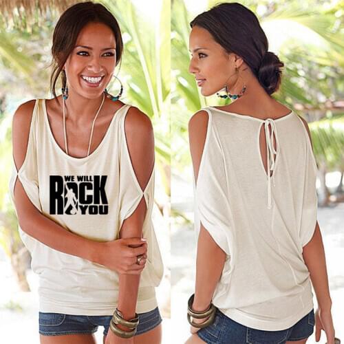 We Will Rock You Women T Shirt Queen Rock Band T-shirt Rock Roll Womens Sexy Off Shoulder Batwing Short Sleeve Lace up Tops