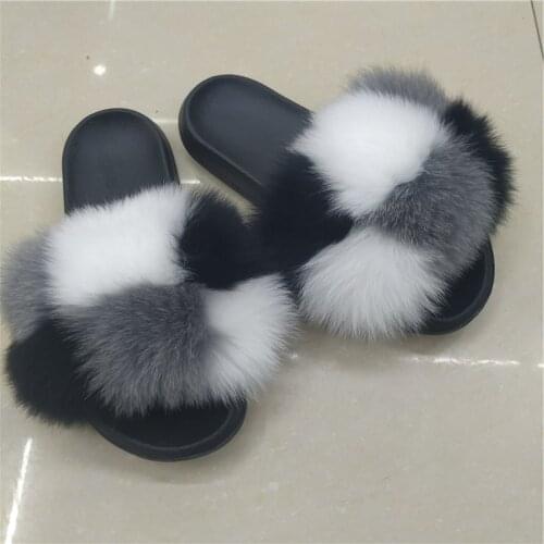 Womens Real Fox Fur Slippers Female Colorful Furry Slides Luxury Sandals Ladies Fluffy Flip Flops Girls Cute Shoes Large Size
