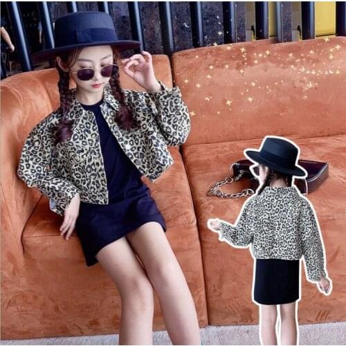 2021 Korea style girls 2 pcs set leopard coat+dress cotton fashion autumn girls suit 5-10t B574