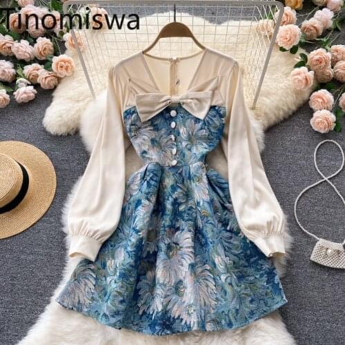 Tinomiswa Patchwork Flower Dress Women V Neck Autumn New Bow Knot Long Sleeve A Line Vintage Dresses High Waist Vestidos Mujer