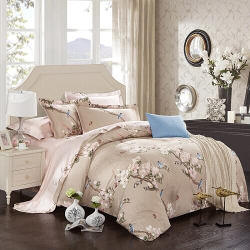 100% Cotton soft bed linen set flowers birds print Bedding sets king queen size Bed set bed sheet set duvet cover Pillow sham36