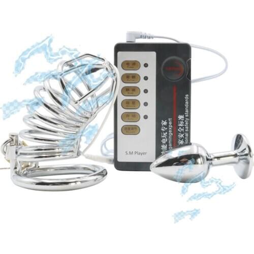 Electric Shock Anal Plug Chastity Lock Combination Set Mens Penis Anal Inferior Body Training Alternative Orgasm Adult Sex Toys