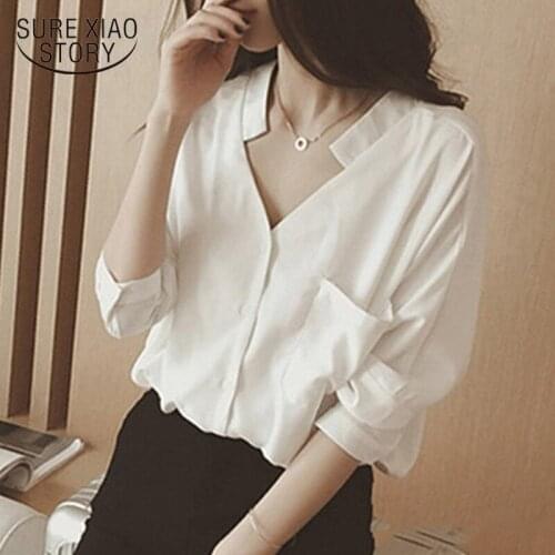 Blusas 2021 Casual Solid Button Cardigan Shirt Loose Women Autumn Chiffon V Neck Blouse Women Long Sleeve Ladies Clothing 11046