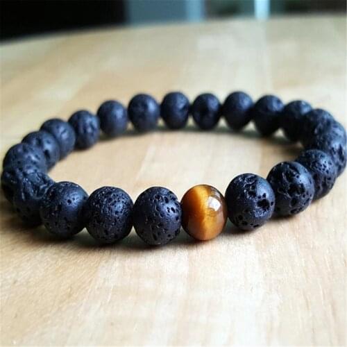 8mm Natural Lava Stone Beads Handmade Bracelet 7.5inch Gemstone Mala Cuff Prayer Wristband