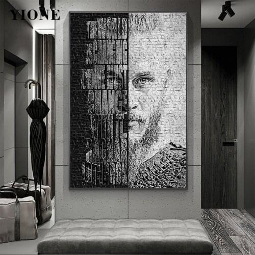 Ancient Viking Canvas Painting Black and White Fierce Man with Letters Abstract Wall Art Picture Home Decor Posters and Prints
