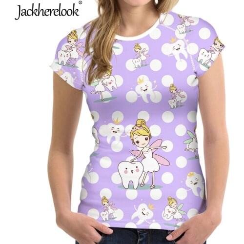 Jackherelook Purple Cute Cartoon Dental Fairy Print Women Short Sleeve T Shirt Casual Harajuku Tops Tee Female Tshirts Plus Size