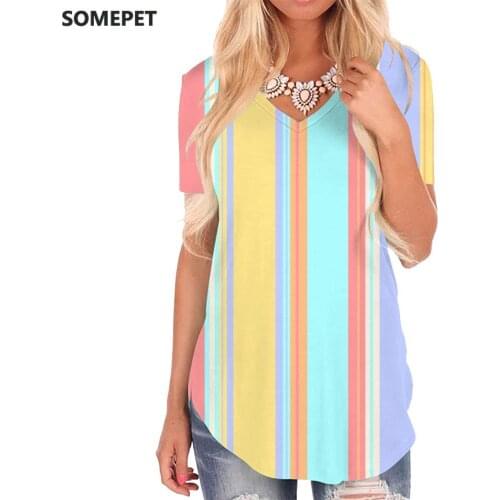 SOMEPET Colorful T Shirt Women Stripe V-neck Tshirt Pattern Shirt Print Womens Clothing Fashion Cool Plus Size High Quality
