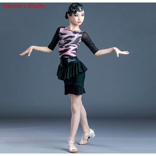 Latin Dance Set Leopard Body Suit Tassel Short SKirt Practice Clothing Suit Profession Custom Adult Child Performance Clothes