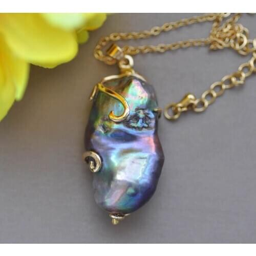 Z10094 Handmade Big 39mm Peacock-Black Baroque Keshi Reborn Pearl Pendant