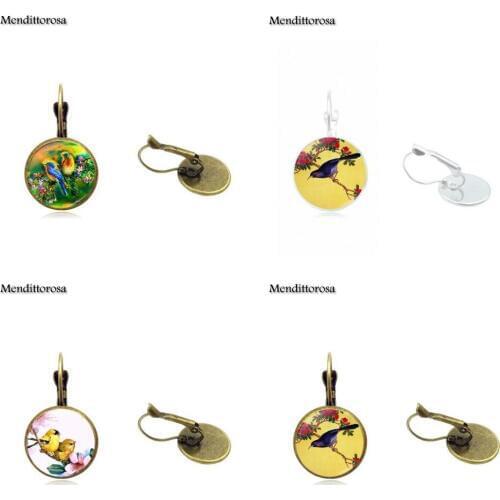 Mendittorosa Antique Bronze Flower Bird Jewelry With Plated Glass Cabochon Bronze/Silver/Golden Clip Ear Hook Drop Earrings