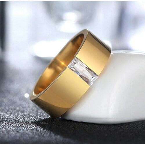 Fashion Zircon Crystal Wedding Rings for Women European Style Mens Titanium Steel Gold-color Elegant Ladies Accessories Gift