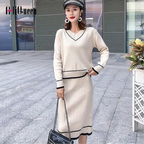 Autumn Winter Outfits Women Knited Loose Long Sleeve V Neck Sweater Pullovers +pleated Skirt Set Ladies Sweater Suit 2 Piece Set