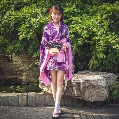 Kimono Dress Kwaii Girls Lolita Japanese Style Yukata Floral Print Bow-knot Sakura Girl Haori Fancy Sexy Anime Cosplay Costume