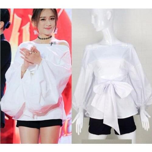 Pomotion--Womens white slash neck strapless top shirts lantern blouse S005