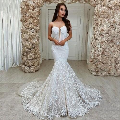 Luxury Bling Bling Fabric Lace Mermaid Wedding Dress 2021 Sexy Deep V Neck Backless Soft Tulle Wedding Bridal Gowns with Train
