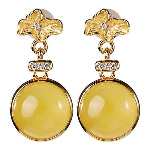 S925 sterling silver Ear studs Natural Amber Beeswax Ear studs Retro Temperament Lotus Leaf Ladies Eardrops Earrings