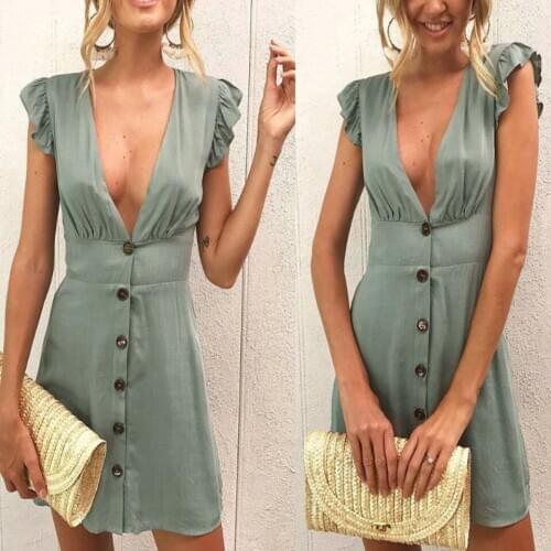 Gather Empire Waist Dress Deep V Neck Low Cut Dress Button Sukienka Elegant Mini Plunge Frill Ruffle Hem Dress Pure Color Women