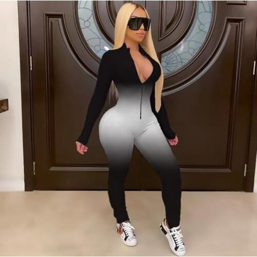 Sportswear Bodycon Jumpsuit Women Clothes Fall 2020 Zipper V Neck Long Sleeve Sexy Jumpsuit Tie Dye Club Rompers Womens Jumpsuit