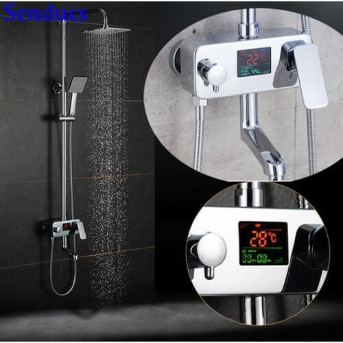 Senducs LED Digital Shower System Quality Brass Bathtub Shower Faucet Polished Chrome Temperature Bathroom Chrome Shower Set