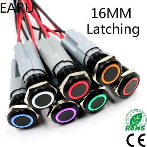 16mm Alumina Black Body Waterproof Press Power Metal Push Button Switch 3V 5V 12V 24V 220V LED Light Fixation Latching Self-lock