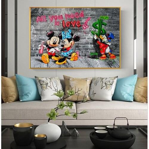 All YOU NEED IS LOVE Graffiti Art Mickey Minnie Mouse Canvas Posters Prints Wall Street Art Pictures for Living Room Decoration