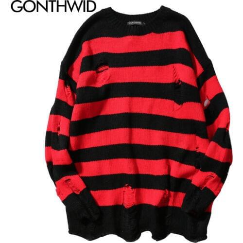 GONEWILD Ripped Stripe Knit Sweaters Men Hip Hop Hole Casual Pullover Sweater Male Fashion Loose Long Sleeve Sweaters Red Black