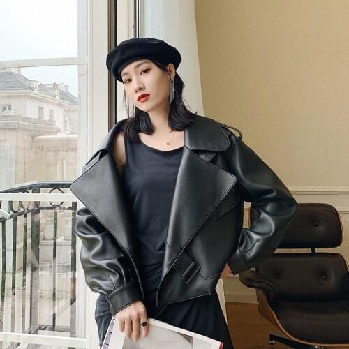 New Fall Sheepskin Coat for Women Biker Red Black Turndown Collar Motorcycle Jackets Loose Streetwear Outerwear