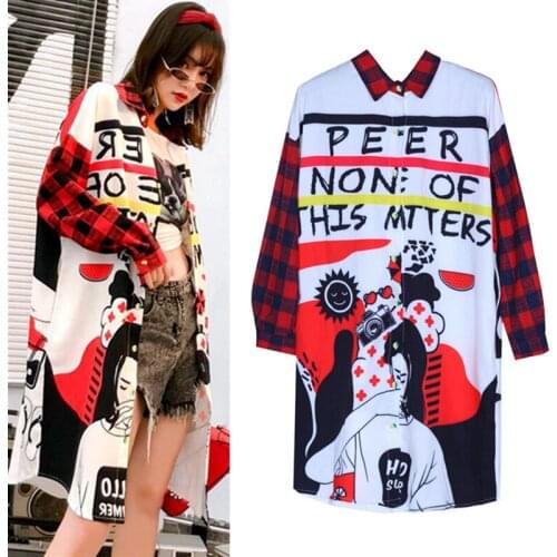 Spring Autumn Womens Novelty Long Maxi Blouses Shirt Print Women Cartoon Patchwork Spliced Blusas Feminina For Young Lady NS784