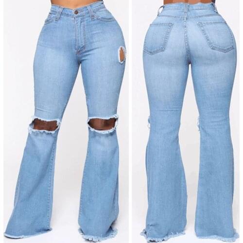 Women Ripped Denim Flare Pants Summer Thin Wide Leg Trousers Skinny High Waisted Jeans for Women Sexy Push Up Bell-bottom Jeans
