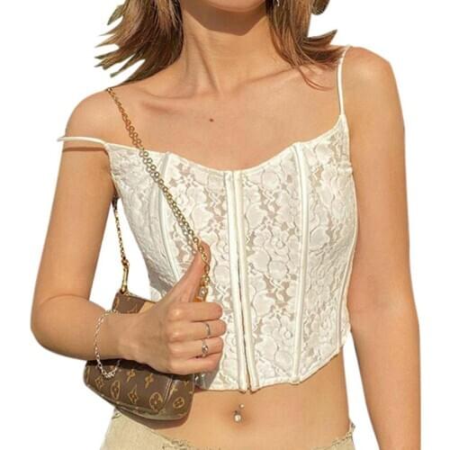 Womens Sexy Bustier Tops, Spaghetti Strap Floral Lace Central Single-Row Clasp Crop Cami Tops