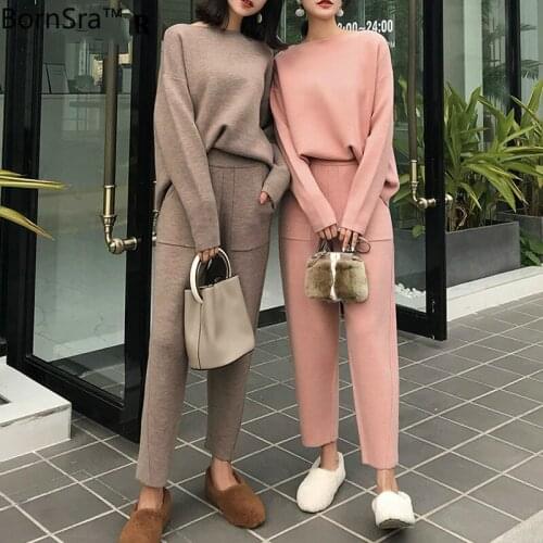 Bornsra 2020 Winter Casual Sweater Tracksuits O-neck Long Sleeve Jumpers & Elastic Waist Pants Female Knitted 2 Pieces Set