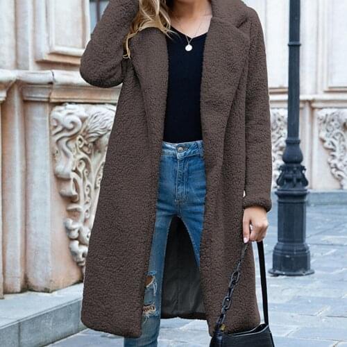 Women Blends Faux Fleece Long Sleeve Warm Wool Coat Cardigan Knee-length Overcoat Casual Coats Fashion Jackets Winter