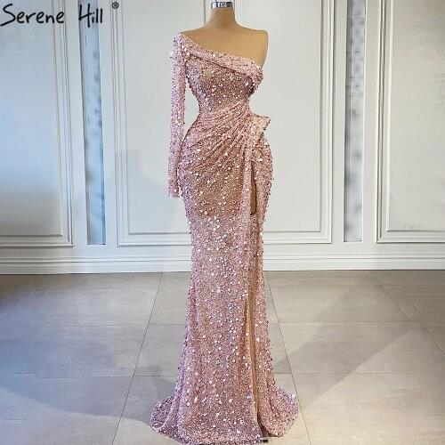 Serene Hill Pink Luxury Beaded Evening Gown 2021 Sexy With High Split One Shoulder Mermaid For Women Formal Party Dress CLA71244