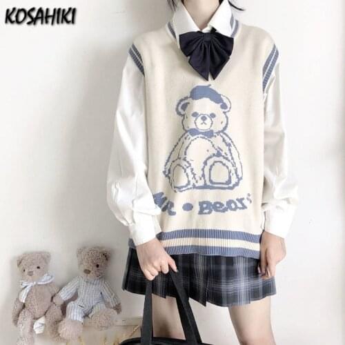 KOSAHIKI Sweater Vest Women Kawaii V-Neck Knitting Sleeveless Basic Cartoon Bear All-match Sweet Students Mujer Cute Teenagers