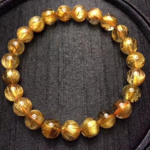 8mm Natural Gold Rutilated Quartz Titanium Stretch Crystal Beads Bracelet
