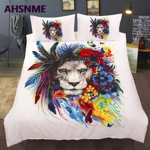 AHSNME Summer Special Offer 3D Effect Painted Lion Cover Set Bedding Set Handmade Art Pattern Flowers Lion King Queen Bed Set