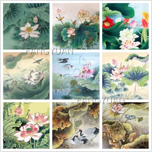 Retro Flowers 5D Diy Diamond Painting Full Square Round Drill Rhinestone Embroidery Lotus Wall Art Pictures Home Decoration Gift