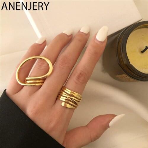 ANENJERY 925 Sterling Silver Exaggerated Large Circle Twisted Geometric Rings Irregular Light Luxury Hip hop Rings Wholesale