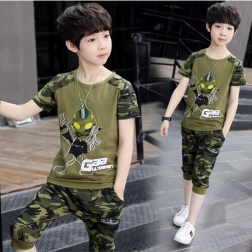 Kids boys short-sleeved suit 2020 new summer childrens cotton casual Camo T-shirt +shorts big baby boy girls clothes 3-15 yrs