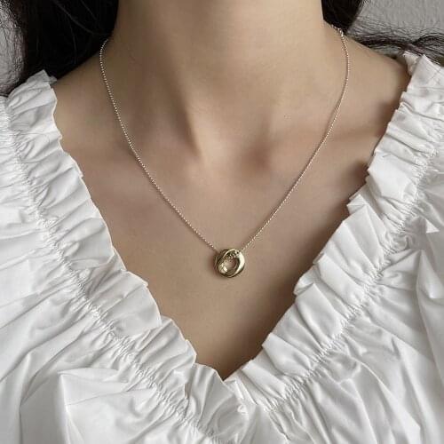 Two-tone 100% Authentic 925 Sterling silver Twist Circle rotation pendant geometric necklace gold beads chain C-B957