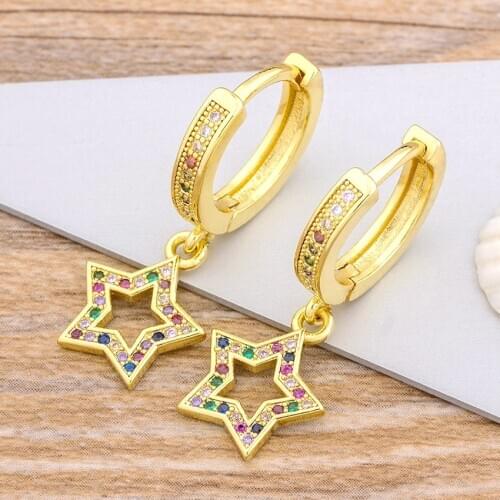 Hot Sale Fashion Classic Star Shape Gold Color Drop Earrings Multi-color CZ Stones For Women Girls Party Wedding Gift Jewelry