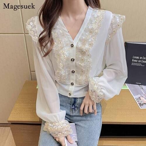 Korean Style Lace Stitching Long Sleeve Chiffon Blouse Women Early Autumn V-Neck Sweet Ladies Top chic Button Shirt Blusas 11300