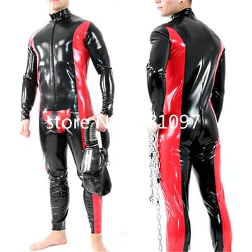 Latex Rubber Catsuit For Men Red with Black Sexy Bodysuit Party Club Wear Bodysuit Front Zipper Custom Made lingerie one piece