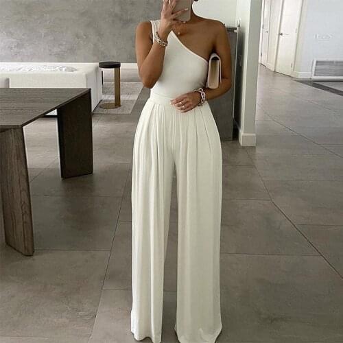 Summer Loose One Shoulder Women Jumpsuit Elegant Lady Wide Leg Romper Bodysuit Sexy Off Shoulder Club Playsuits Overalls FT83