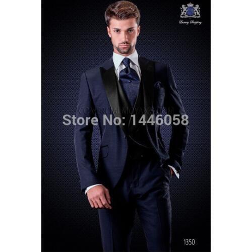 Best Selling 2017 Italian Suit Peak Lapel Navy Blue Wedding Suits For Men Groomsman Men Wedding Tuxedos Suit (Jacket+Pants+Vest